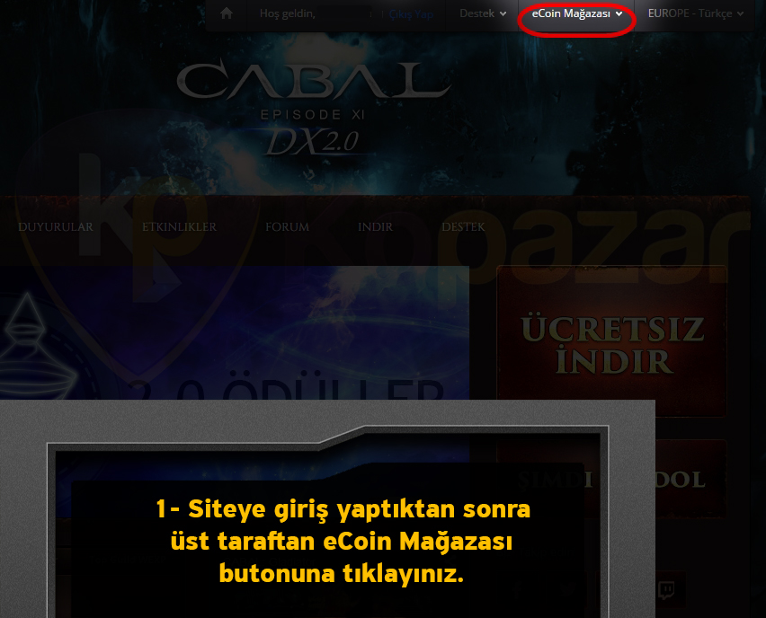 Cabal Online E Coin yükleme adım 1: resmi siteye giriş yapma ekranı