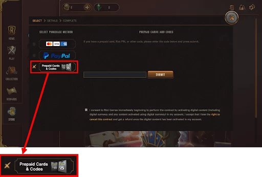 Prepaid Cards and Codes option in the Legends of Runeterra payment methods