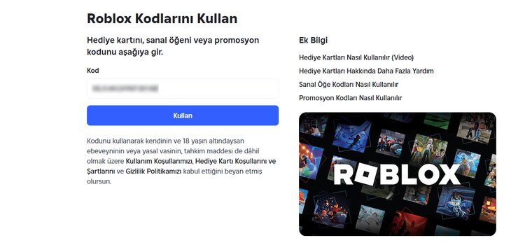 Roblox kod kullanma sayfasında kod girme alanı