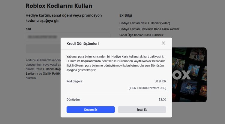 Roblox kodu onaylama ve Devam Et butonu
