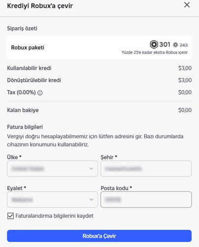 Roblox hediye kartı bakiyesini Robux'a çevirme ekranı