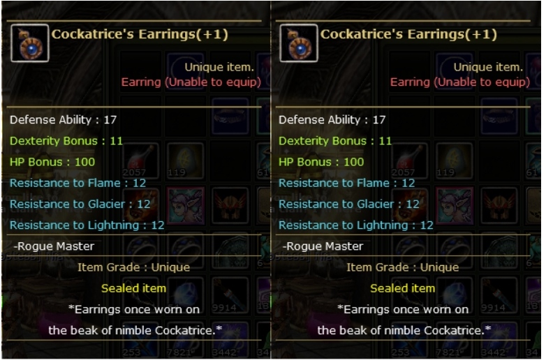 Dual +1 Coc Cockatrice's Earring Knight Server Destan84379